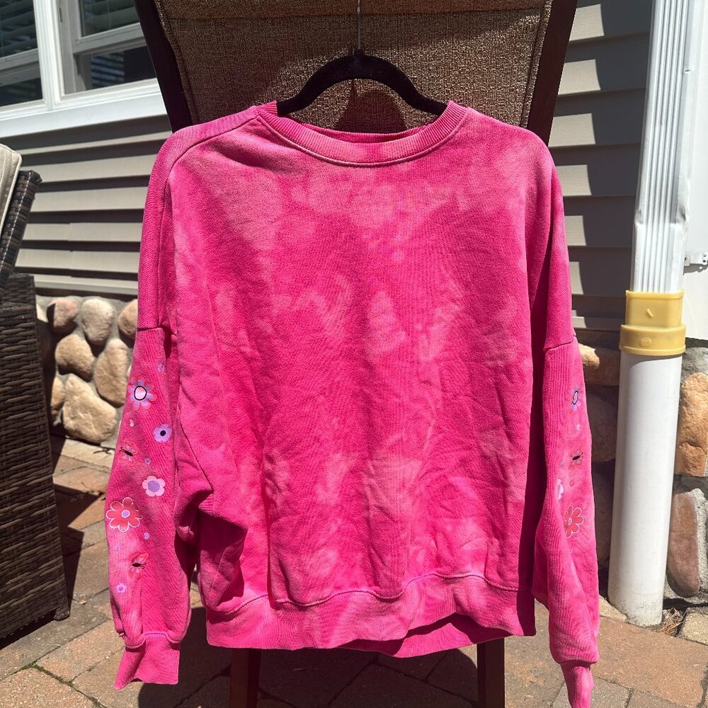 Pacsun Pink Tie-Dye Crewneck with Purple Floral Sleeve Detail